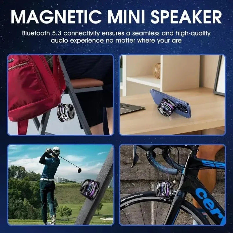 Mini altavoz estéreo de viaje para exteriores, altavoz Bluetooth magnético inalámbrico portátil con luz RGB y soporte para teléfono (compatible con iOS).