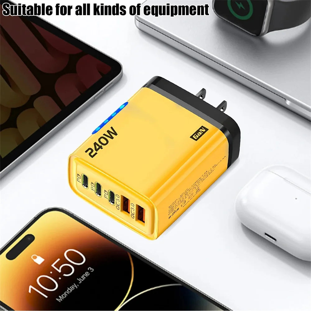 Cargador USB C GaN de 240 W, 5 en 1, cargador de teléfono de carga rápida, adaptador de corriente para iPhone, Samsung, Xiaomi, tipo C, enchufe UE/EE. UU.