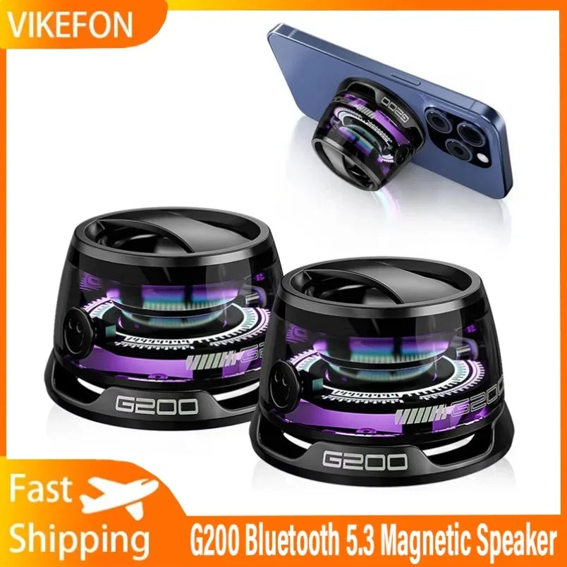 Mini altavoz estéreo de viaje para exteriores, altavoz Bluetooth magnético inalámbrico portátil con luz RGB y soporte para teléfono (compatible con iOS).
