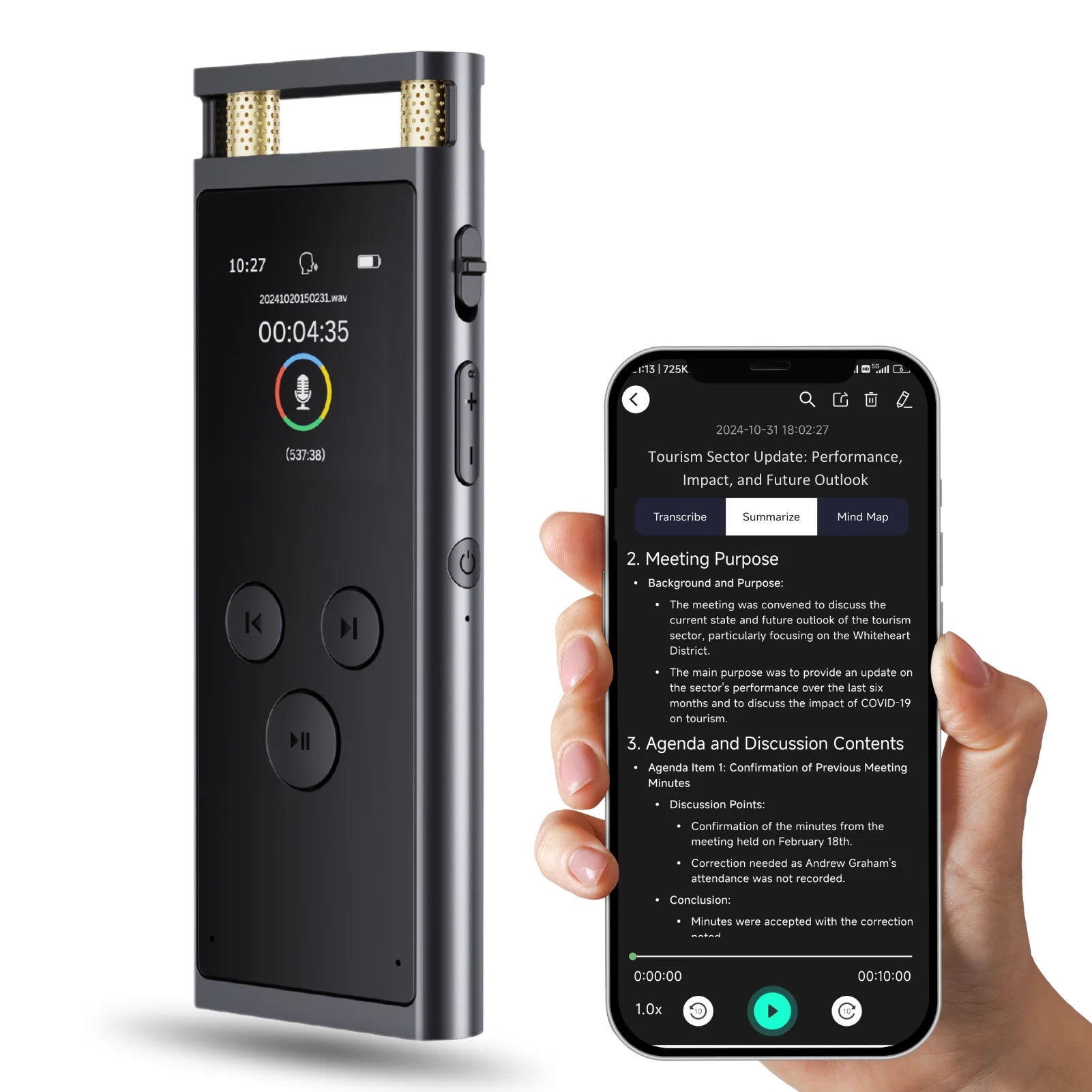 Grabadora de voz con IA: transcripción, traducción, resumen, mapas mentales, activación por voz. Dictáfono de aluminio de 64 GB [versión con IA].