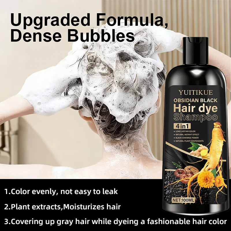 Champú tinte para el cabello negro obsidiana 4 en 1, color duradero, efecto natural instantáneo, cobertura negra, ingredientes vegetales naturales.