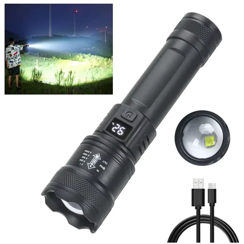 Linterna LED de alta potencia de 2000 lúmenes, linterna táctica con luz de visualización, carga USB, ideal para camping, pesca y emergencias.