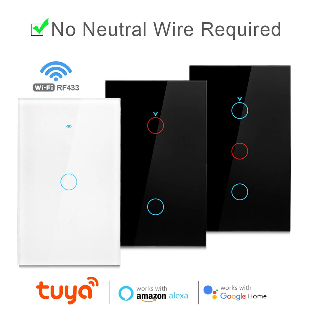 Interruptor de luz inteligente Tuya WiFi para EE. UU. Cable neutro/No requiere cable neutro Interruptor táctil de pared tipo 120 Funciona con Alexa, Google Home