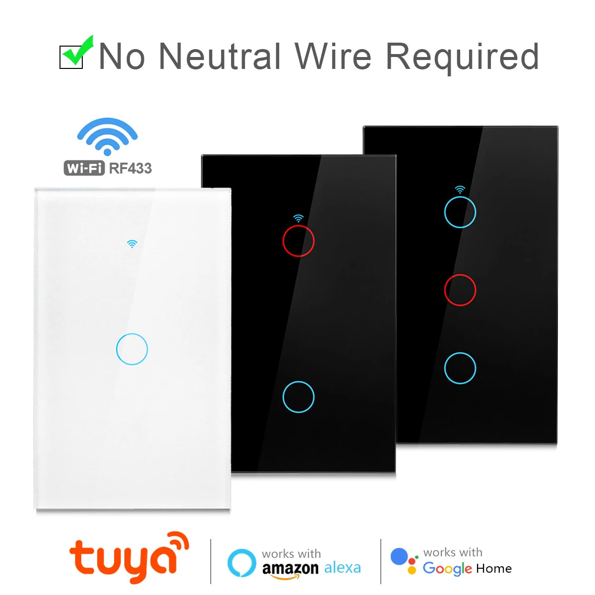 Interruptor de luz inteligente Tuya WiFi para EE. UU. Cable neutro/No requiere cable neutro Interruptor táctil de pared tipo 120 Funciona con Alexa, Google Home