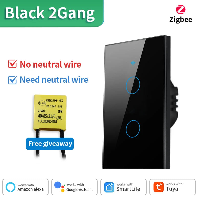 Interruptor de luz inteligente TNCE Tuya WiFi/Zigbee, con o sin cable neutro, interruptor táctil de pared compatible con Alexa y Google Home.