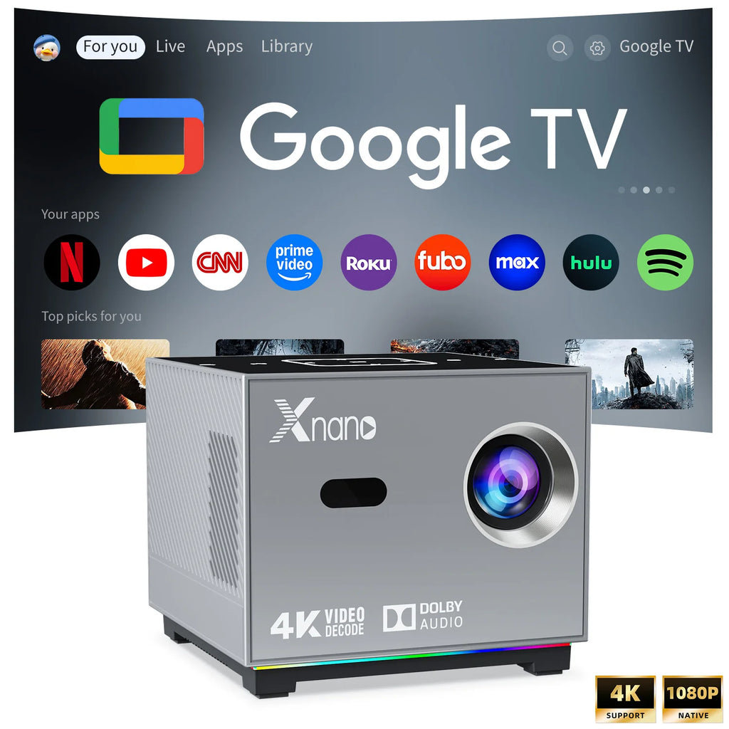 Proyector mini Xnano 4K 1280*720P Android 9 350ANSI Dual Wifi BT5.0 Enfoque automático Cine en casa Exterior Portátil Proyector inteligente X3