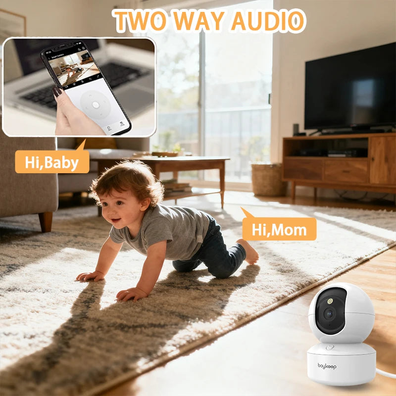 Cámara de seguridad para mascotas Boykeep 2K con aplicación para teléfono, WiFi 5G/2.4GHz para interiores, giro e inclinación de 360°, audio bidireccional, visión nocturna.