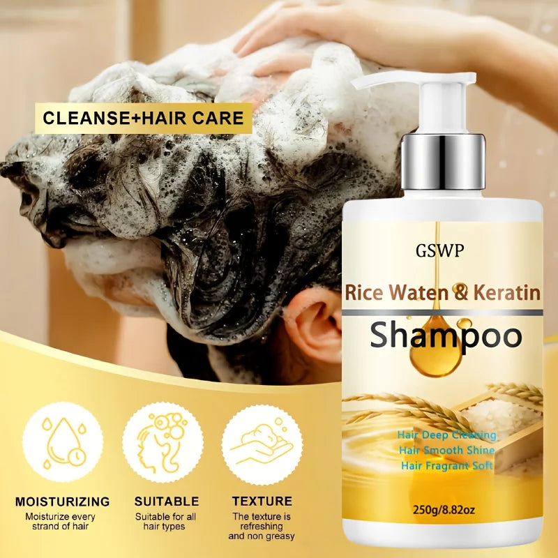 Champú de queratina con agua de arroz GSWP: repara profundamente y deja el cabello suave y brillante, reduciendo los enredos y las puntas abiertas. 250/500 g