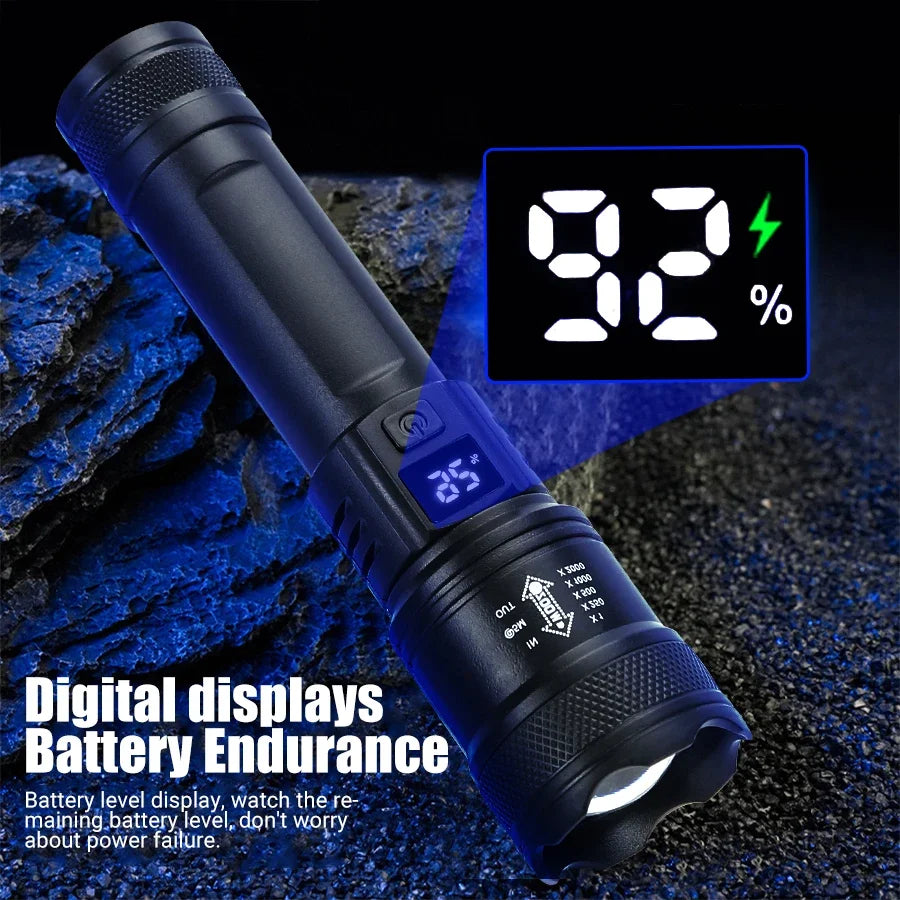 Linterna LED de alta potencia de 2000 lúmenes, linterna táctica con luz de visualización, carga USB, ideal para camping, pesca y emergencias.