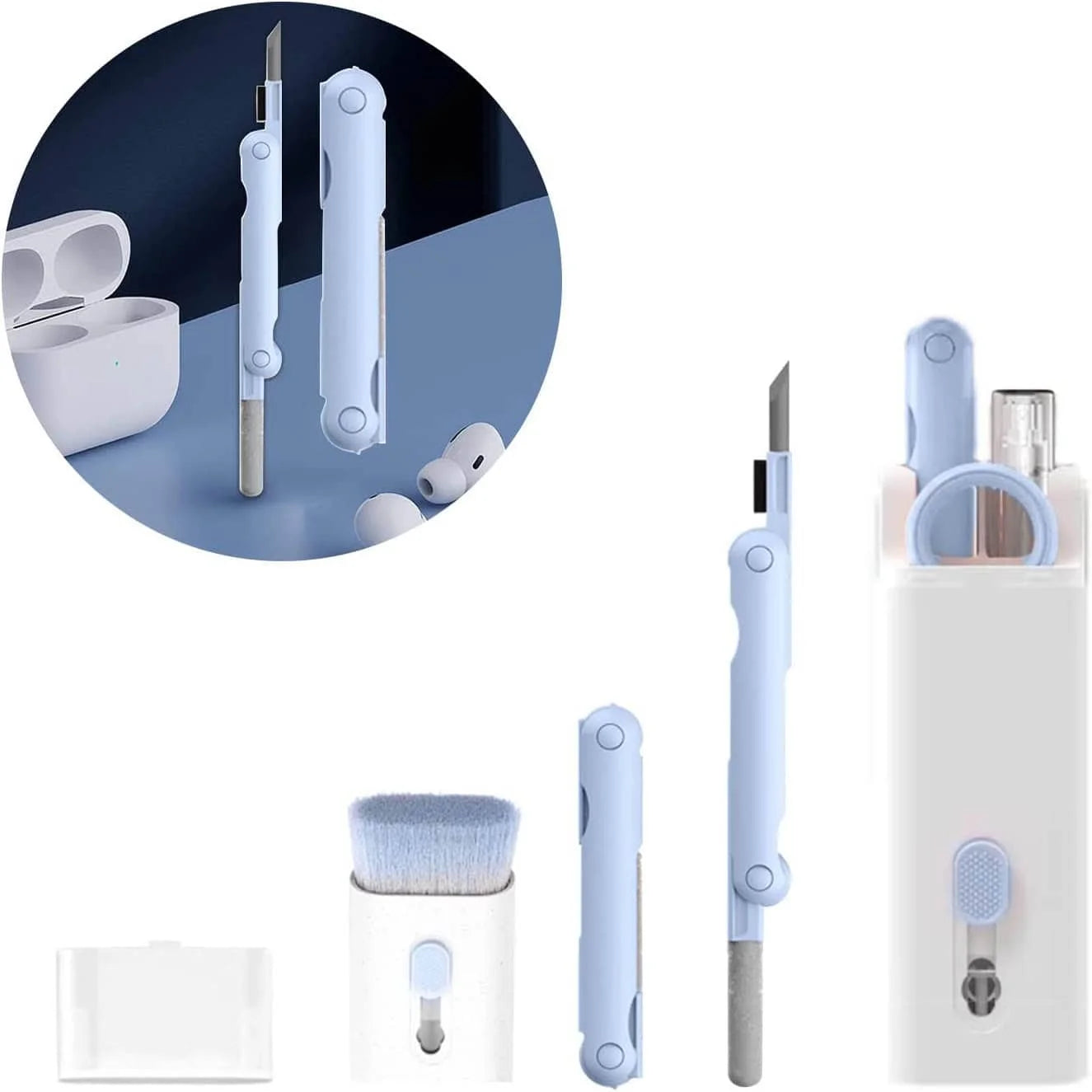 Kit de limpieza portátil 7 en 1 para AirPods Pro/AirPods, auriculares inalámbricos, teléfono y portátil con cepillo - Blanco. Juego de herramientas para el cuidado de dispositivos electrónicos.