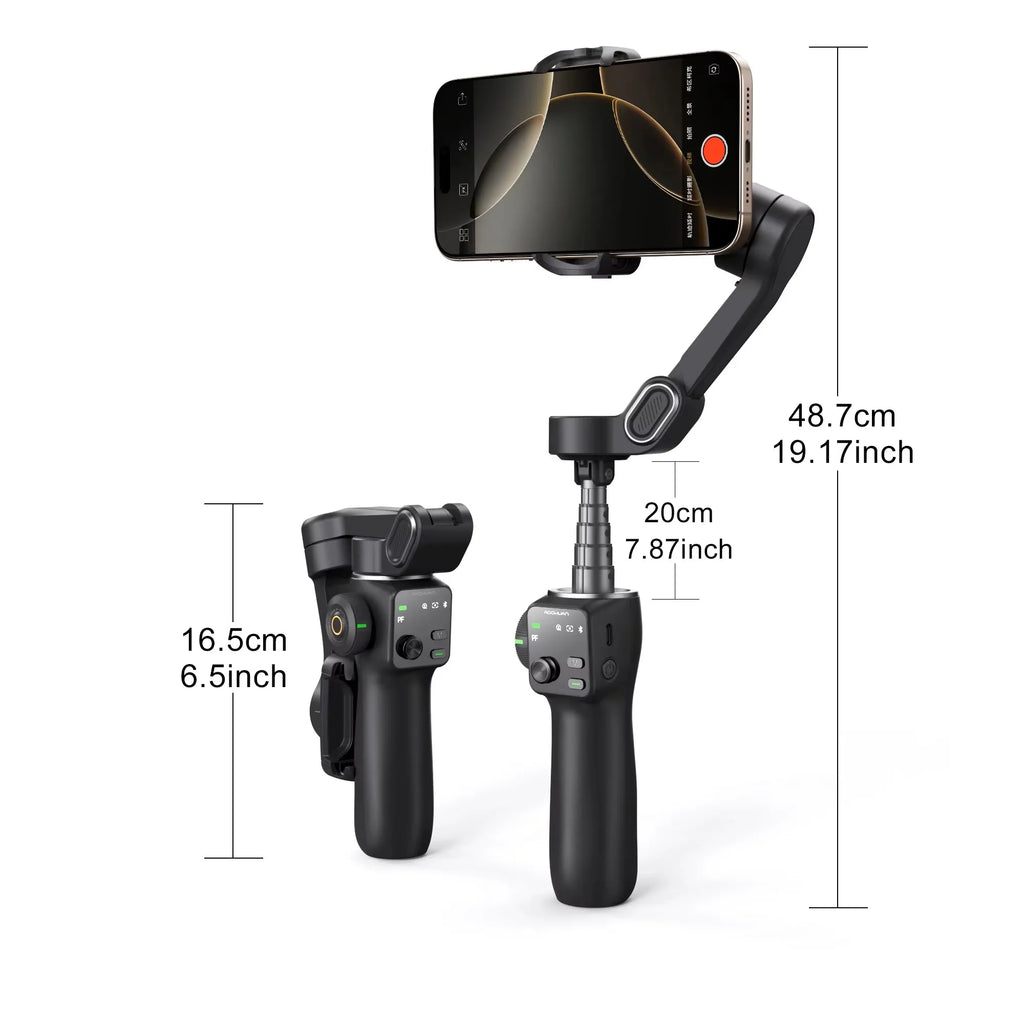 Estabilizador de cardán de mano de 3 ejes AOCHUAN Smart V8 con trípode de extensión y seguimiento facial para iPhone y Android, ideal para transmisiones en vivo y vlogs.