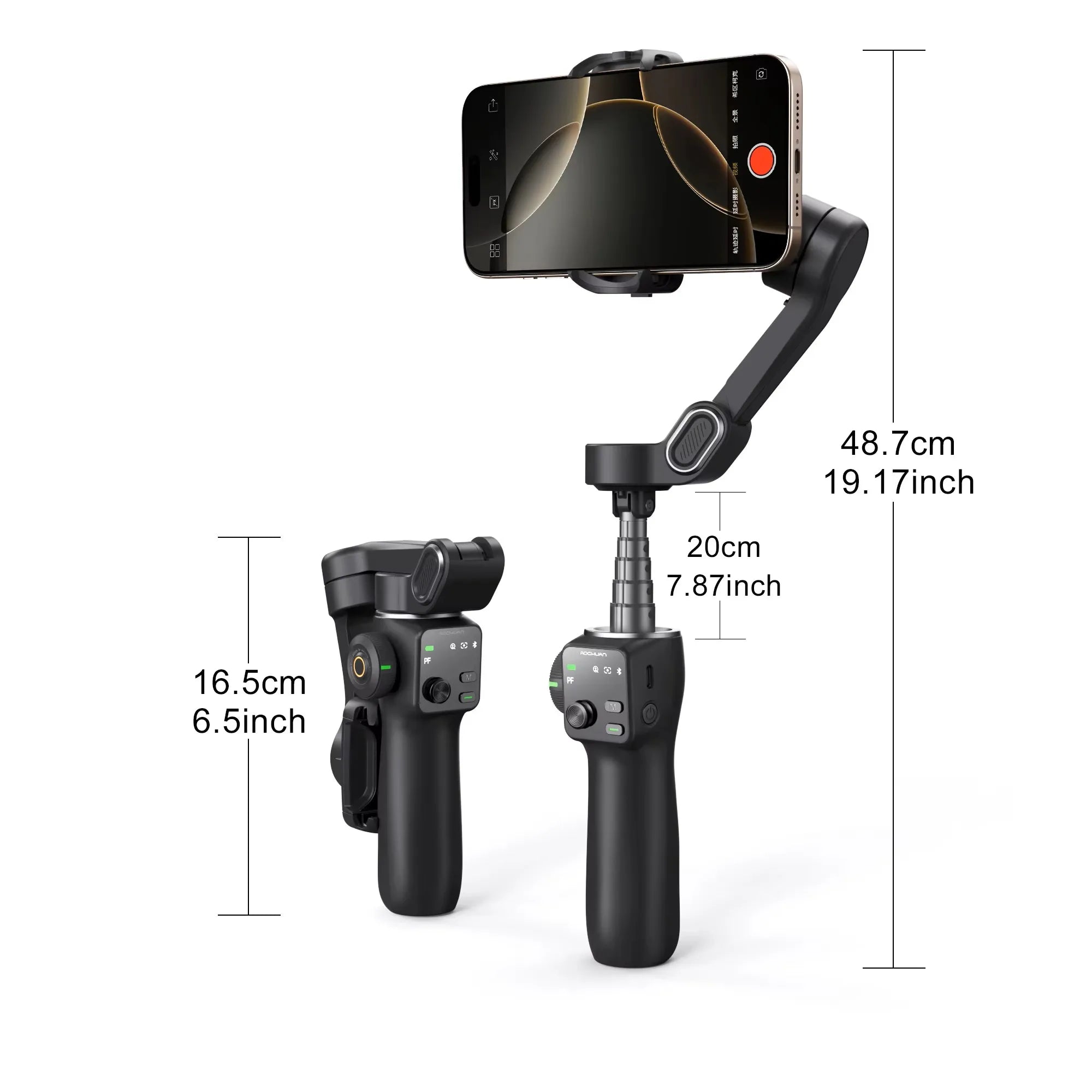 Estabilizador de cardán de mano de 3 ejes AOCHUAN Smart V8 con trípode de extensión y seguimiento facial para iPhone y Android, ideal para transmisiones en vivo y vlogs.