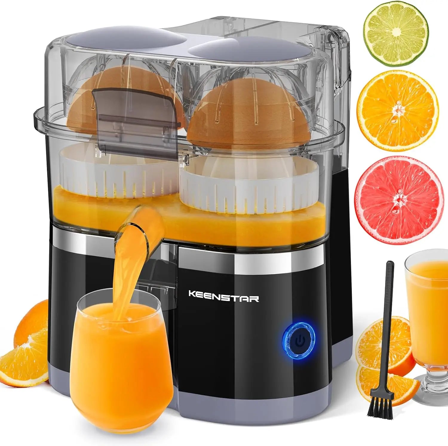 Exprimidor eléctrico de cítricos, exprimidor de naranjas de doble cabezal con cepillo de limpieza para limón y pomelo, alto rendimiento, fácil de limpiar.
