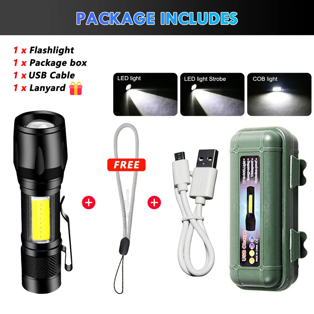 Linterna LED de alta potencia de 2000 lúmenes, linterna táctica con luz de visualización, carga USB, ideal para camping, pesca y emergencias.