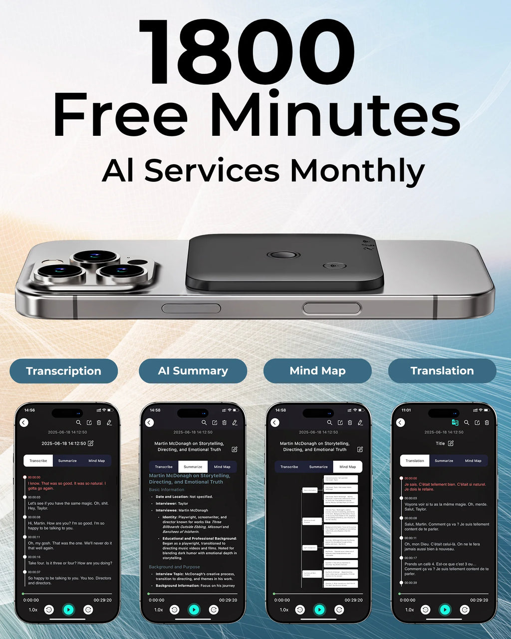 Grabadora de voz y llamadas con IA, conversión de voz a texto, resumen, traducción, compatible con 100 idiomas, 64 GB