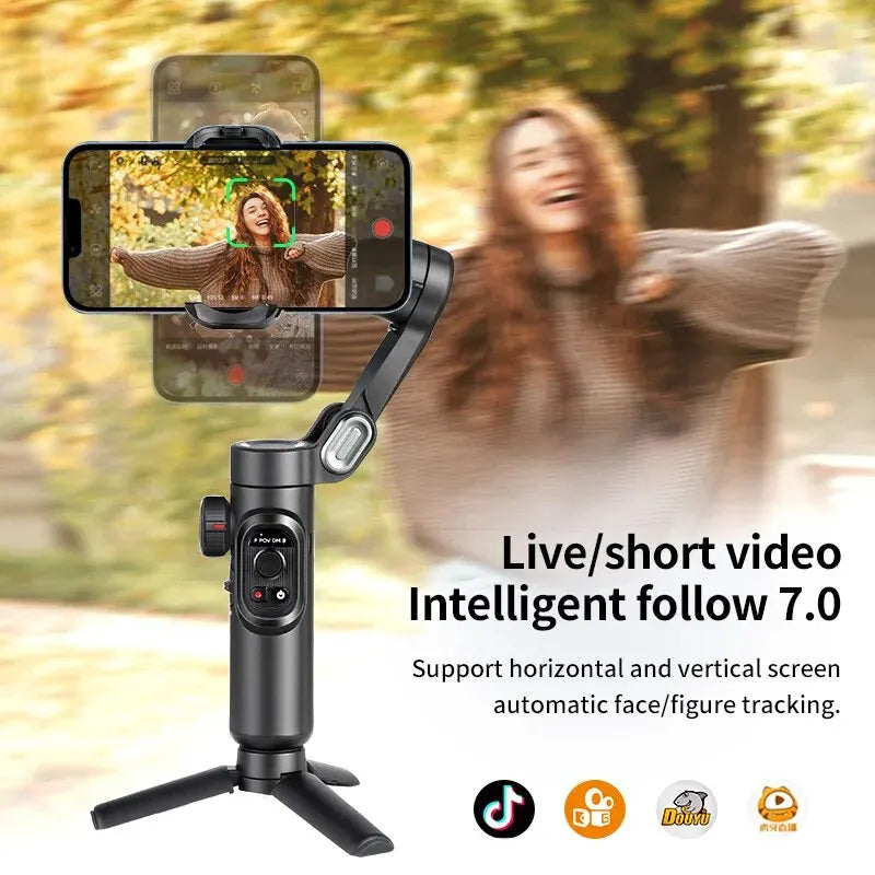 Estabilizador de cardán de mano de 3 ejes AOCHUAN SmartXE para smartphones iPhone y Android con seguimiento facial mediante IA para TikTok y vlogs.