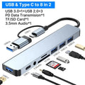 Hub USB-C 8 en 1 con 4 puertos USB, 1 conector USB-C, lector de tarjetas TF/SD y salida de audio de 3,5 mm para MacBook Pro, iPad Pro, iPhone 15 y portátiles.