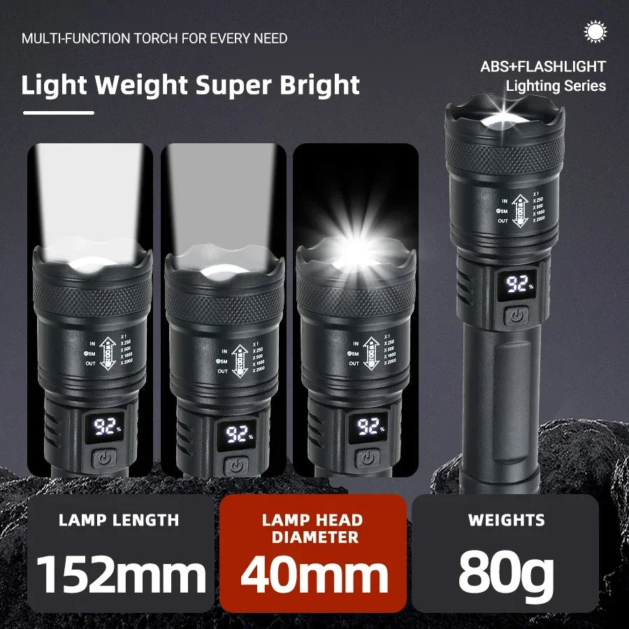 Linterna LED de alta potencia de 2000 lúmenes, linterna táctica con luz de visualización, carga USB, ideal para camping, pesca y emergencias.