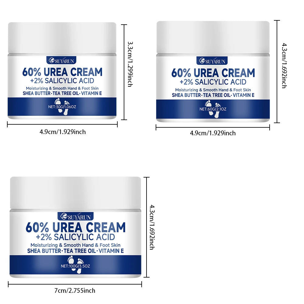 Crema para pies SUYARUN con 60 % de urea para talones agrietados y piel seca: tratamiento hidratante intensivo, removedor de callos, cuidado del pie diabético.