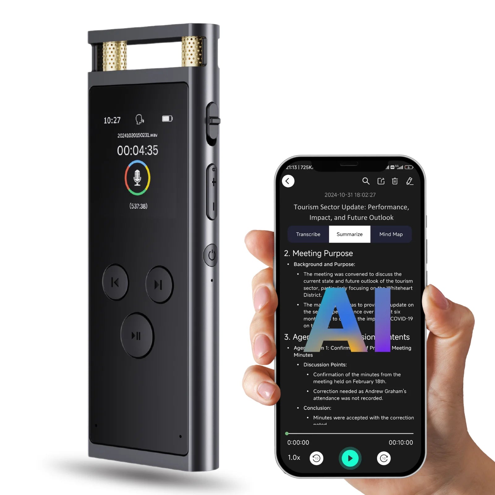 Grabadora de voz con IA: transcripción, traducción, resumen, mapas mentales, activación por voz. Dictáfono de aluminio de 64 GB [versión con IA].