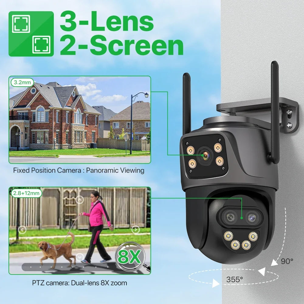 Cámara IP HD 6K 9MP para exteriores, cámara WiFi externa de tres lentes, pantalla dual 4K/2K, cámara de seguridad PTZ con seguimiento automático y vigilancia iCSee