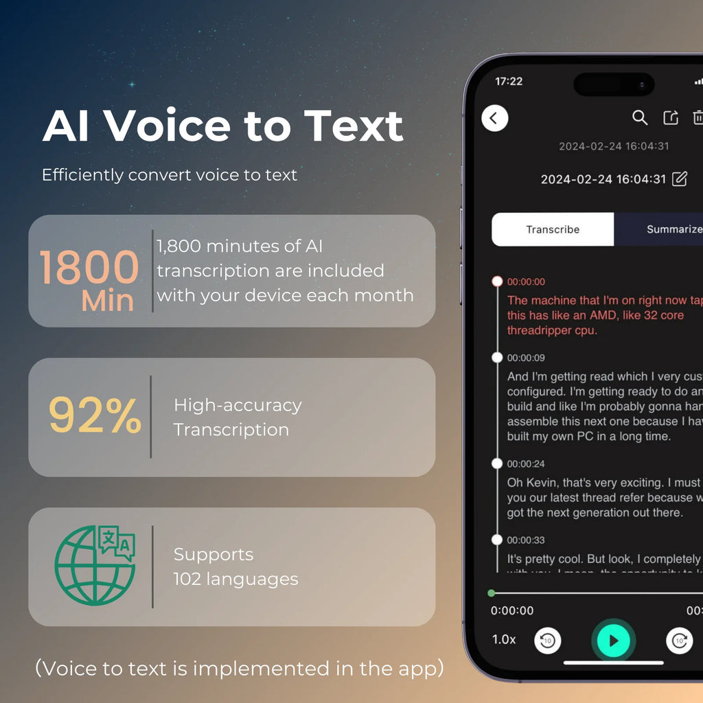 Grabadora de voz con IA: transcripción, traducción, resumen, mapas mentales, activación por voz. Dictáfono de aluminio de 64 GB [versión con IA].