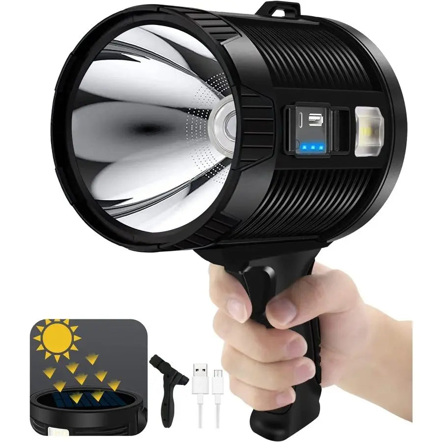 Linterna LED recargable de 1.000.000 de lúmenes y 6 modos, como se ve en la televisión, con trípode, 3 filtros de color y luz solar superbrillante.