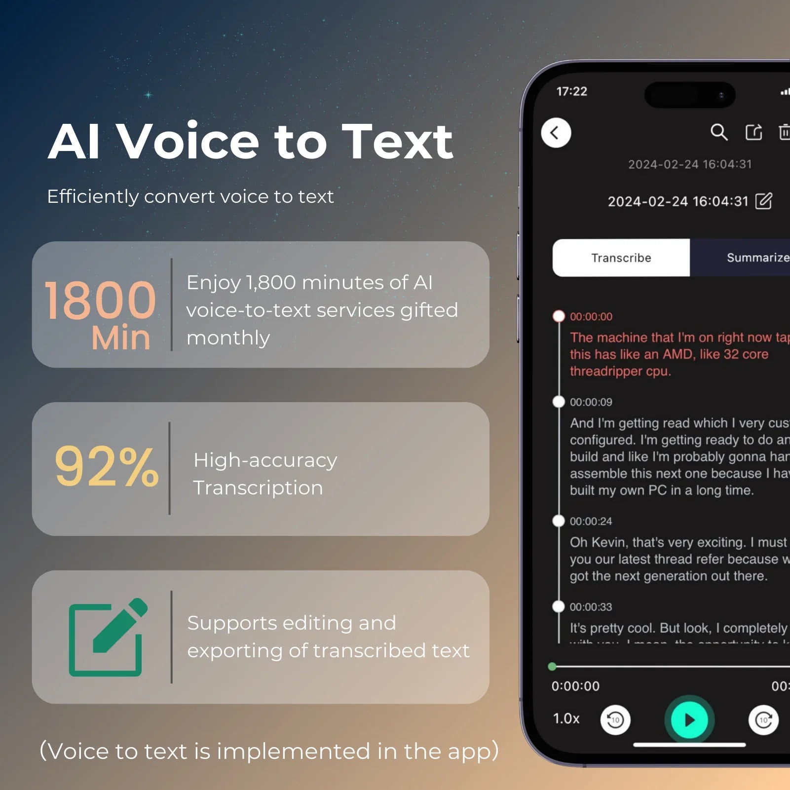 Grabadora de voz y llamadas con IA, conversión de voz a texto, resumen, traducción, compatible con 100 idiomas, 64 GB