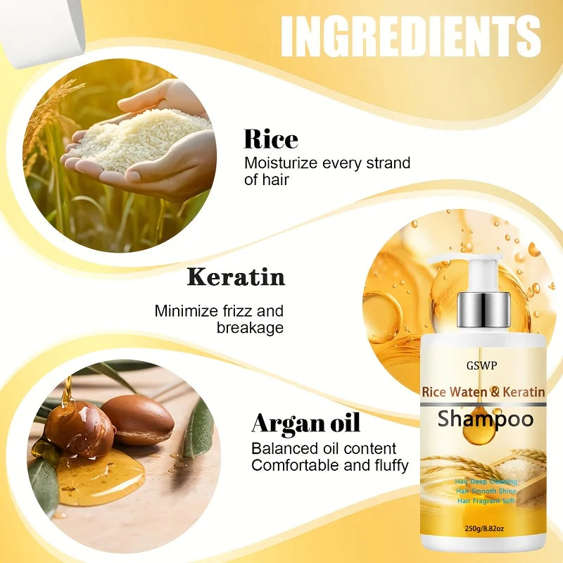 Champú de queratina con agua de arroz GSWP: repara profundamente y deja el cabello suave y brillante, reduciendo los enredos y las puntas abiertas. 250/500 g