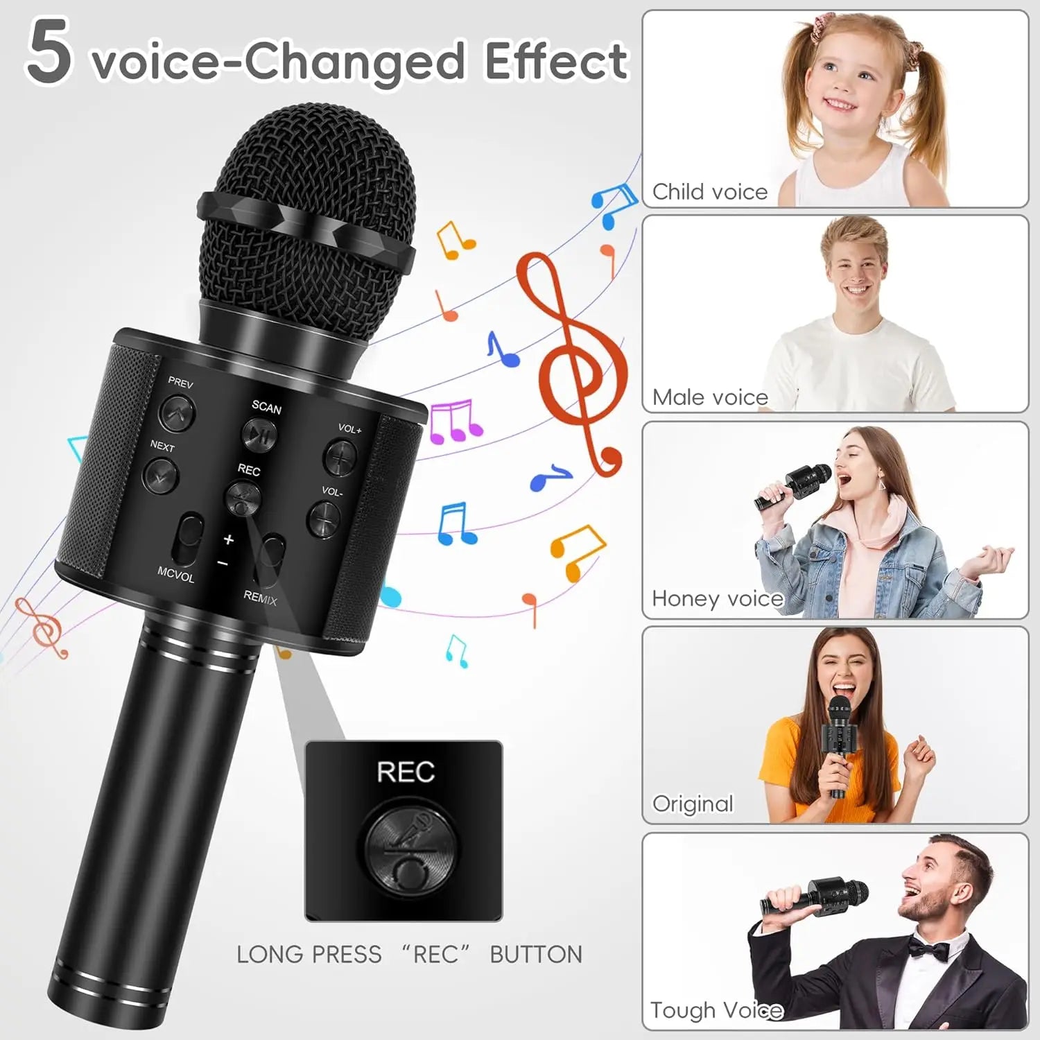 Micrófono de karaoke inalámbrico Bluetooth para niños y adultos, altavoz portátil 5 en 1 con radio FM y grabadora.