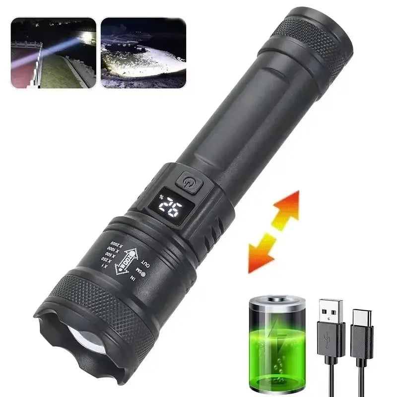 Linterna LED de alta potencia de 2000 lúmenes, linterna táctica con luz de visualización, carga USB, ideal para camping, pesca y emergencias.