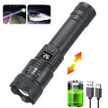 Linterna LED de alta potencia de 2000 lúmenes, linterna táctica con luz de visualización, carga USB, ideal para camping, pesca y emergencias.
