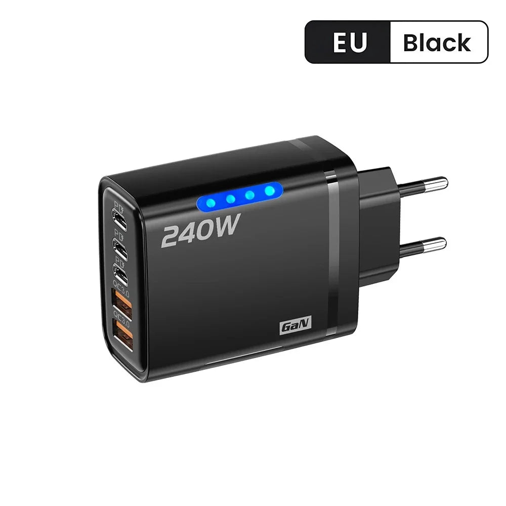 Cargador USB C GaN de 240 W, 5 en 1, cargador de teléfono de carga rápida, adaptador de corriente para iPhone, Samsung, Xiaomi, tipo C, enchufe UE/EE. UU.