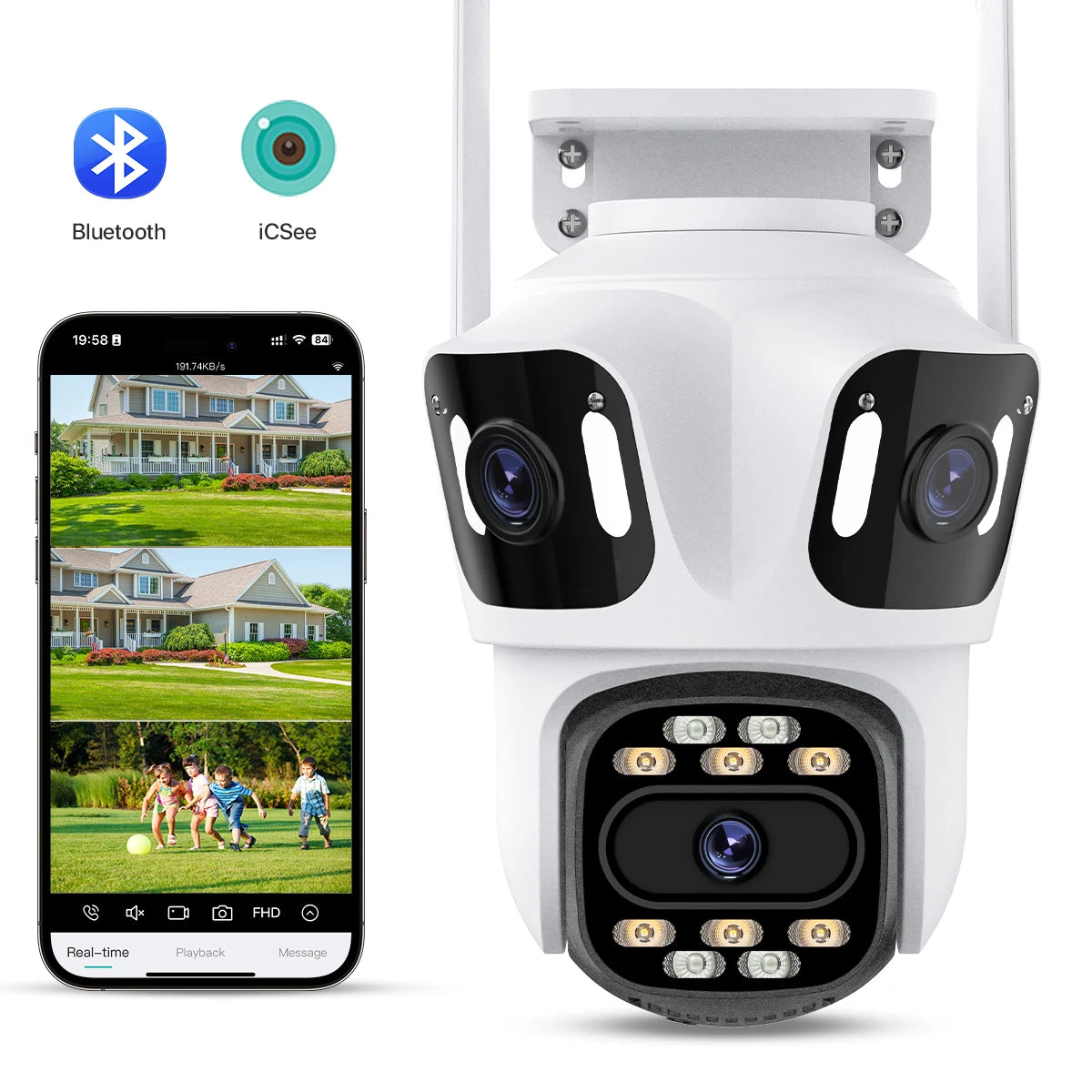 Cámara IP PTZ de tres lentes para exteriores, HD, con tres pantallas, WiFi, seguimiento automático y doble lente, CCTV inalámbrica iCsee