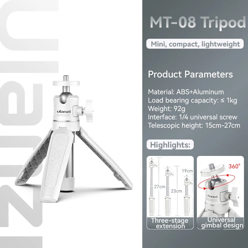 Trípode mini Ulanzi MT-08, color blanco, plegable, monopié, con montura de 1/4'', universal para DSLR, Android, iPhone y smartphones.