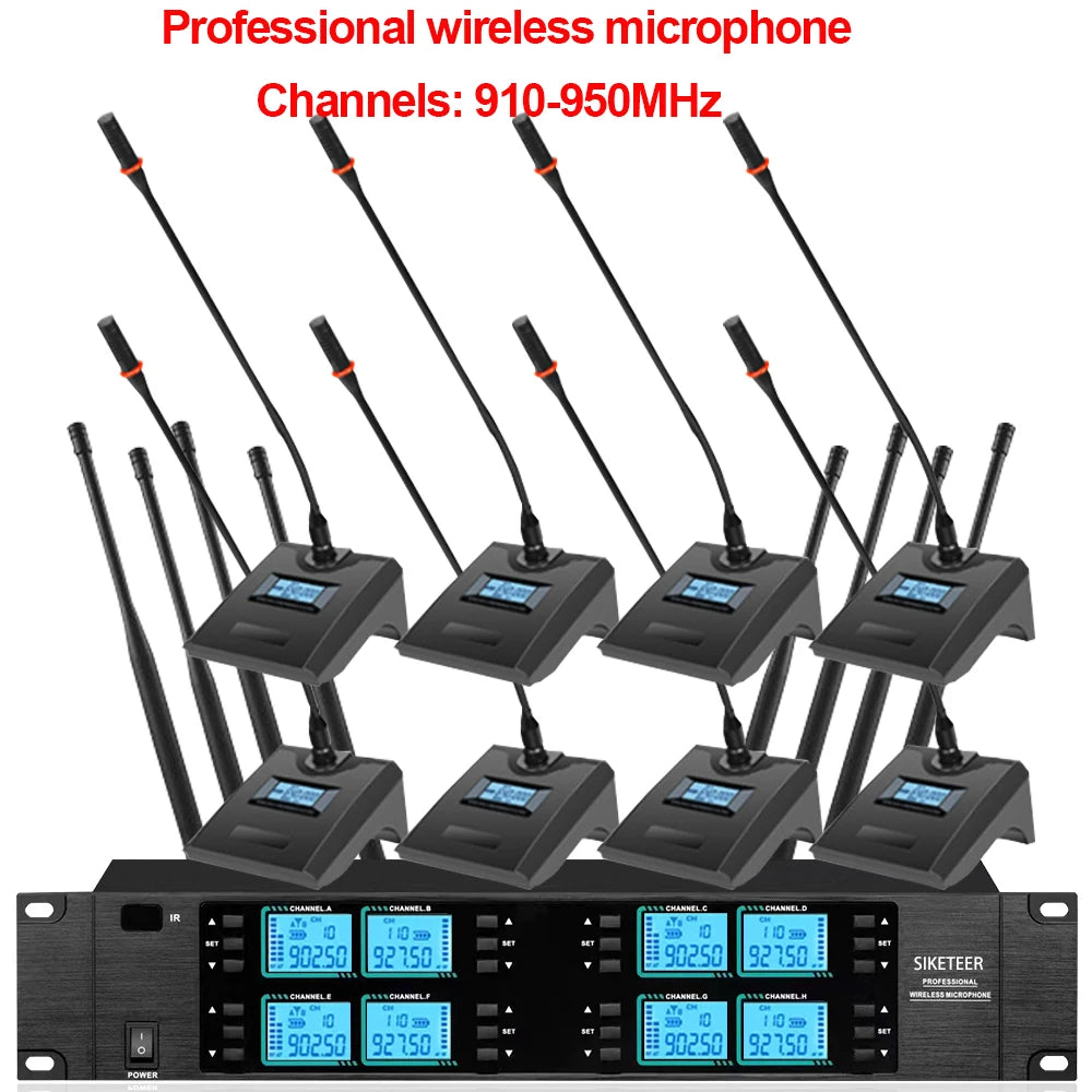 Micrófono inalámbrico de 8 canales, 910-950 MHz, de mano, ideal para bodas, iglesias y actuaciones en escenarios.