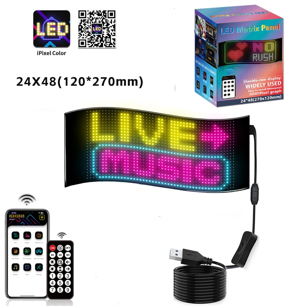 Letrero LED para automóvil, panel de matriz LED flexible de 5 V, letreros de luz LED USB para automóvil, Bluetooth Smart APP, pantalla RGB desplazable, tablero de mensajes