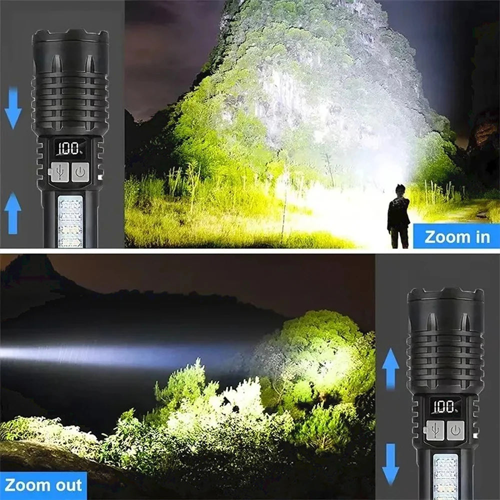 Linterna LED de alta potencia, potente, recargable mediante USB tipo C, con luz lateral, ideal para acampar y hacer senderismo al aire libre.