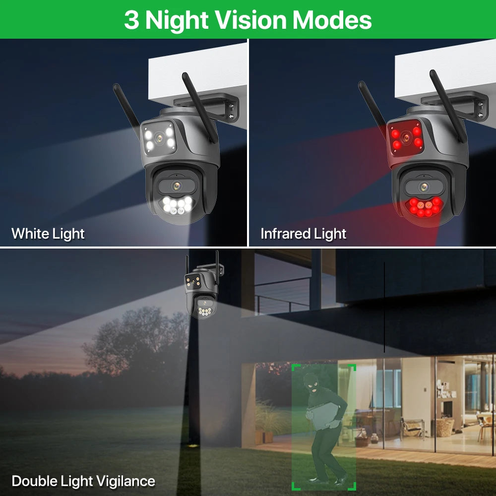 Cámara IP HD 6K 9MP para exteriores, cámara WiFi externa de tres lentes, pantalla dual 4K/2K, cámara de seguridad PTZ con seguimiento automático y vigilancia iCSee
