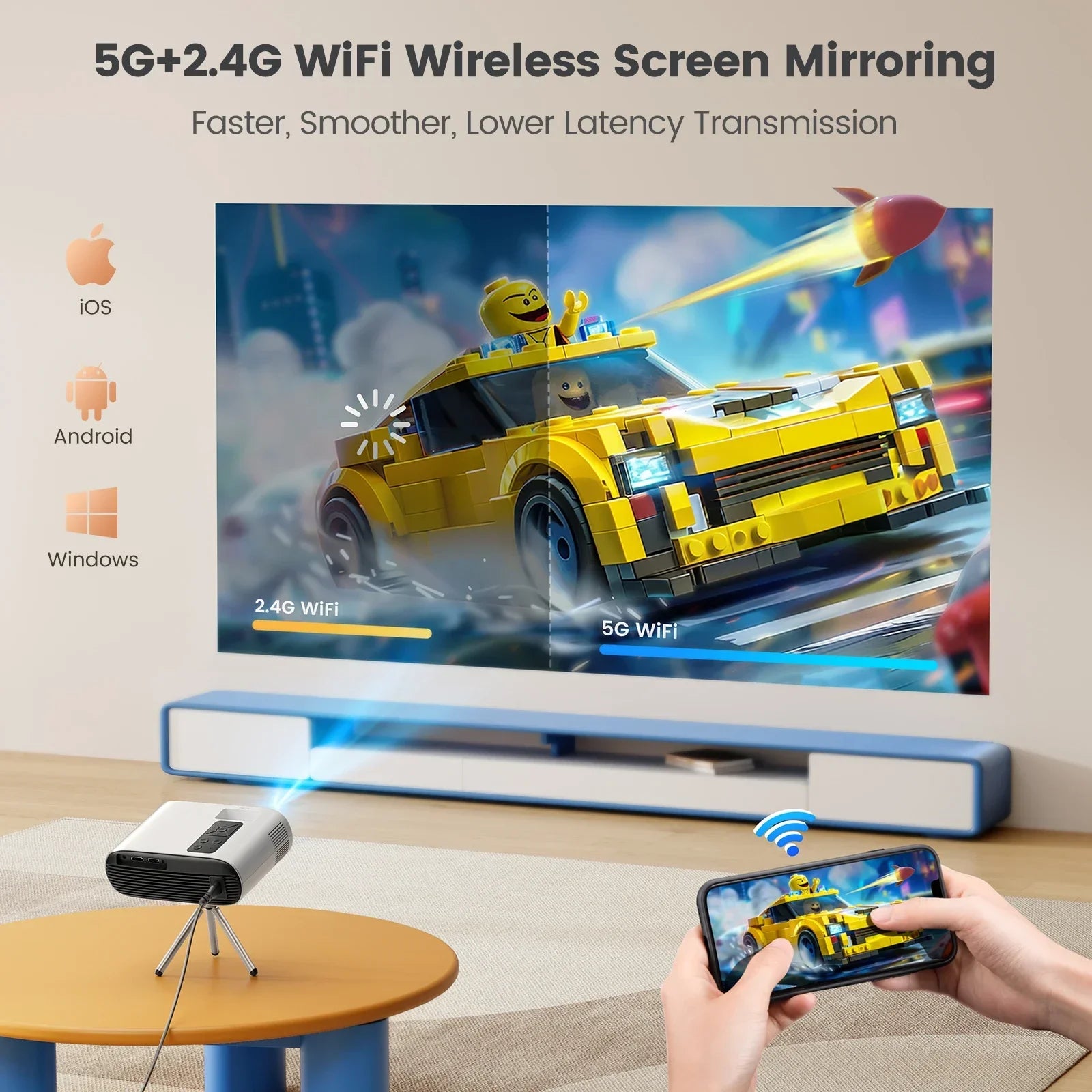 Mini proyector Full HD compatible con 1080P, 16000 lúmenes, corrección trapezoidal automática, WiFi, Bluetooth, proyector de vídeo portátil para cine en casa.