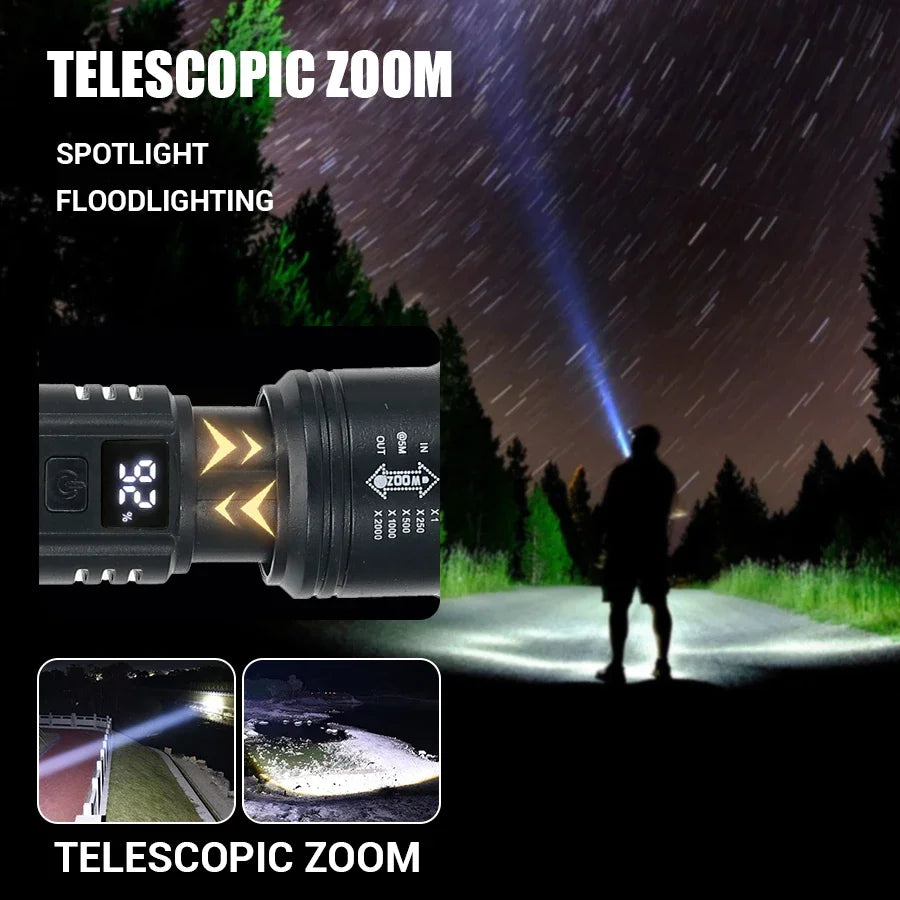 Linterna LED de alta potencia de 2000 lúmenes, linterna táctica con luz de visualización, carga USB, ideal para camping, pesca y emergencias.