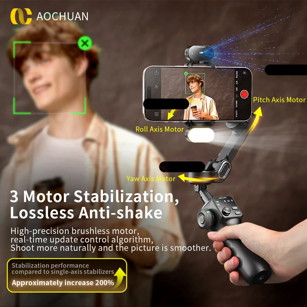 Estabilizador de cardán de mano de 3 ejes AOCHUAN Smart V8 con trípode de extensión y seguimiento facial para iPhone y Android, ideal para transmisiones en vivo y vlogs.