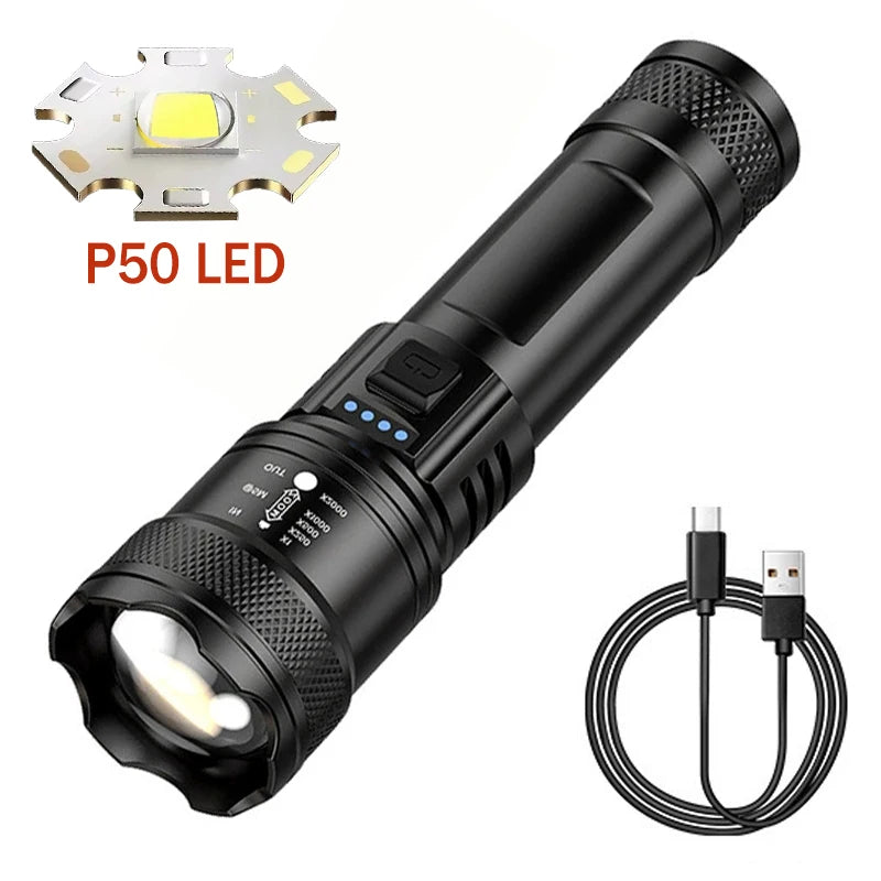 Linterna LED de alta potencia de 2000 lúmenes, linterna táctica con luz de visualización, carga USB, ideal para camping, pesca y emergencias.