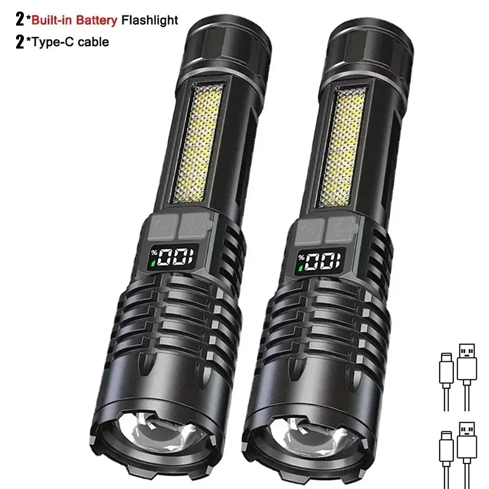 Linterna LED de alta potencia, potente, recargable mediante USB tipo C, con luz lateral, ideal para acampar y hacer senderismo al aire libre.