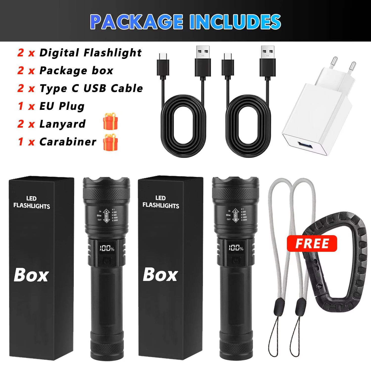 Linterna LED de alta potencia de 2000 lúmenes, linterna táctica con luz de visualización, carga USB, ideal para camping, pesca y emergencias.