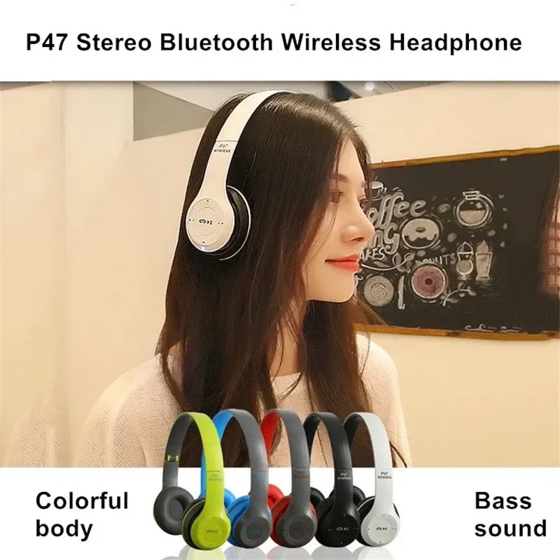 Auriculares Bluetooth plegables inalámbricos con micrófono y control de volumen para iPhone y Android.