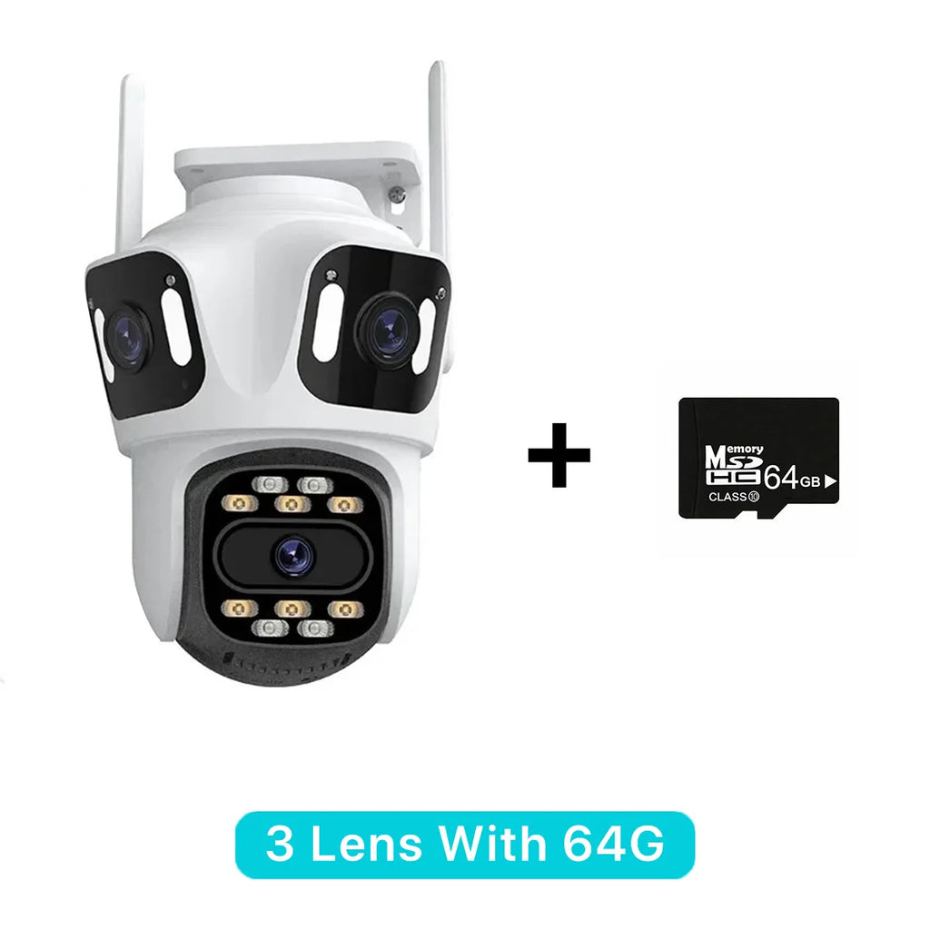 Cámara IP PTZ de tres lentes para exteriores, HD, con tres pantallas, WiFi, seguimiento automático y doble lente, CCTV inalámbrica iCsee