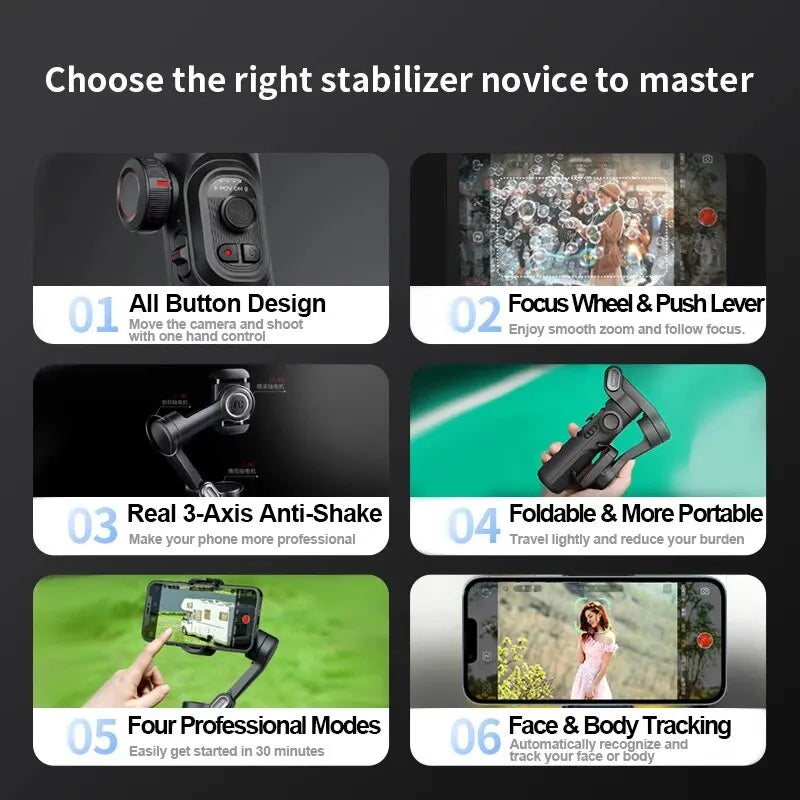 Estabilizador de cardán de mano de 3 ejes AOCHUAN SmartXE para smartphones iPhone y Android con seguimiento facial mediante IA para TikTok y vlogs.