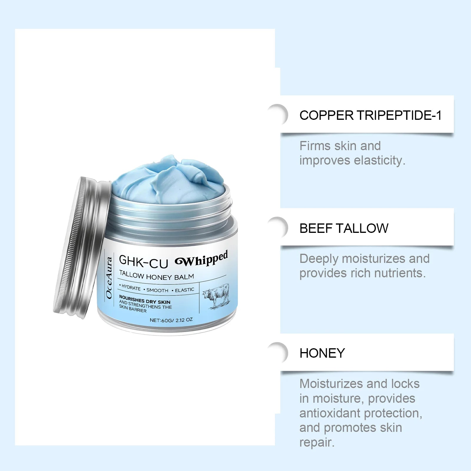 Bálsamo de sebo de res batido y miel Crema hidratante de sebo de res Loción corporal Crema facial de carne de res alimentada con pasto y acabada con pasto Cuidado de la piel