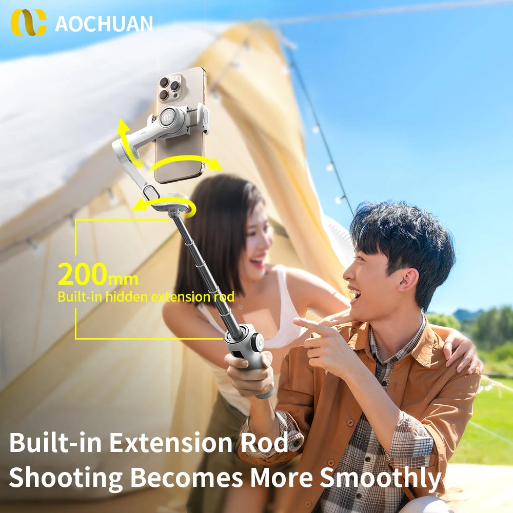 Estabilizador de cardán de mano de 3 ejes AOCHUAN Smart V8 con trípode de extensión y seguimiento facial para iPhone y Android, ideal para transmisiones en vivo y vlogs.